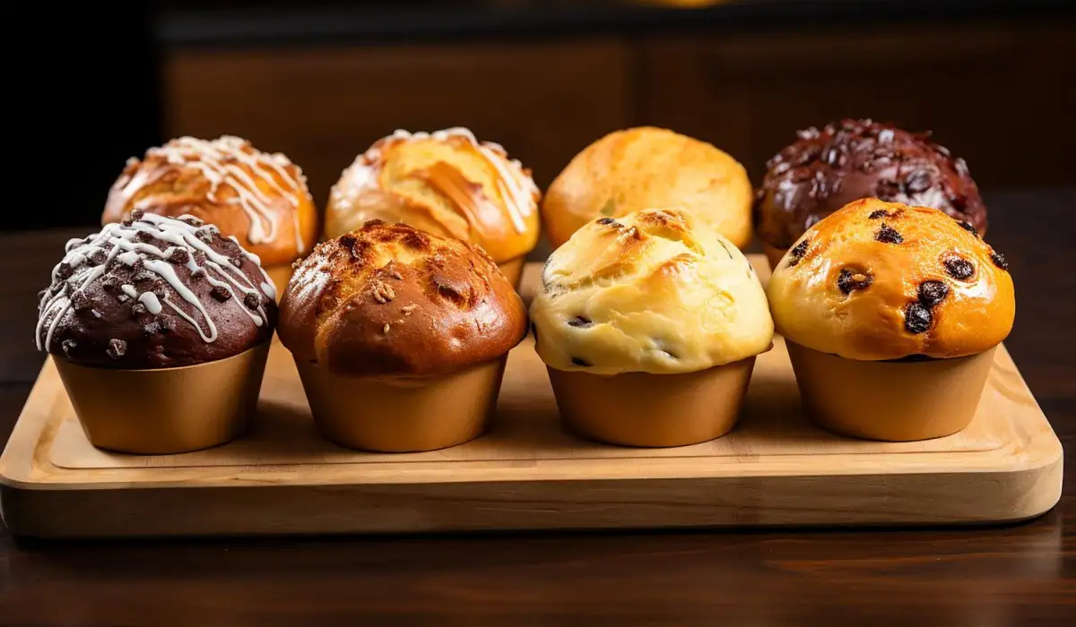 Delicious Assortment Six Muffins on a Luxurious Wooden Board