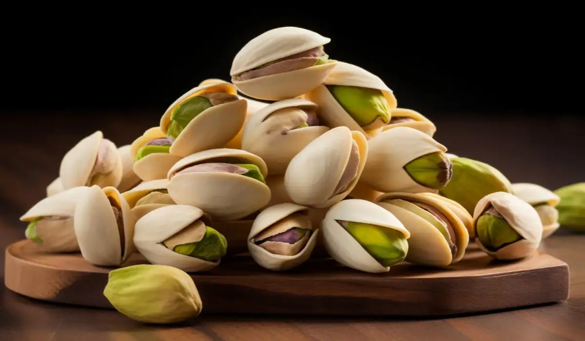 Organic pistachio nuts in wooden bowl