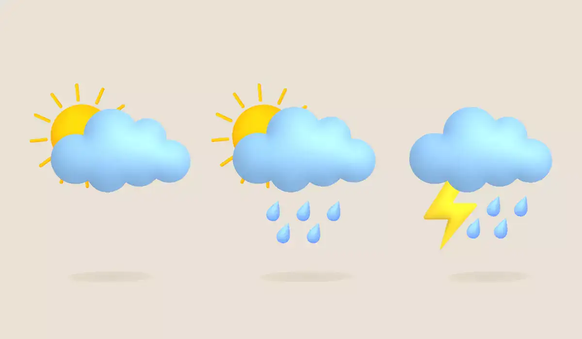 Cartoon weather icons set sun rain cloud lightning thunderstorm