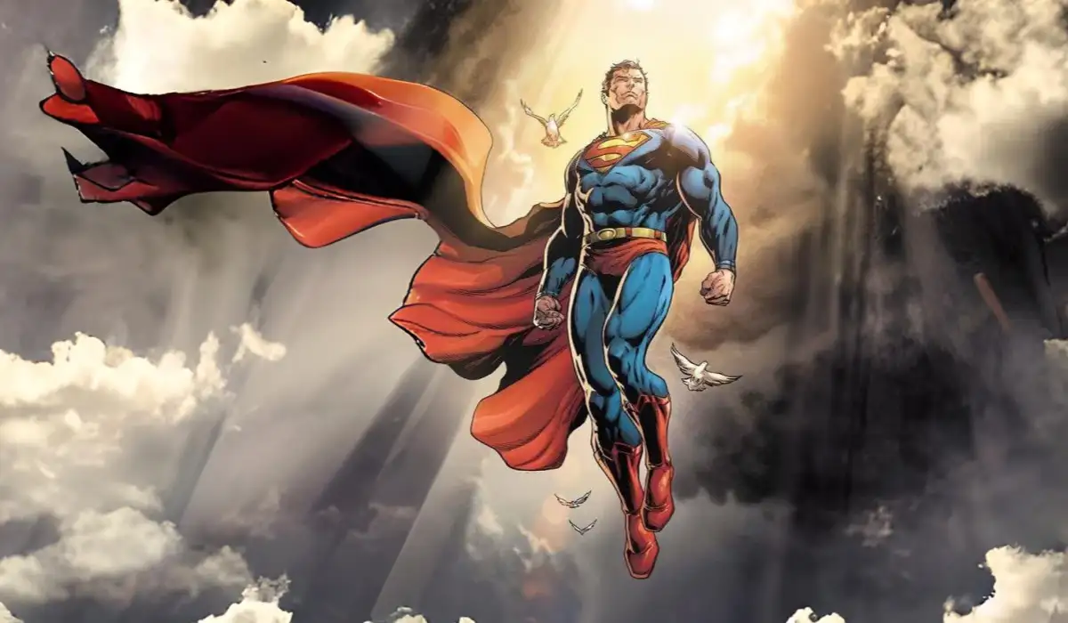 Superman flying with pigeons next to him on a background of light and backlit clouds