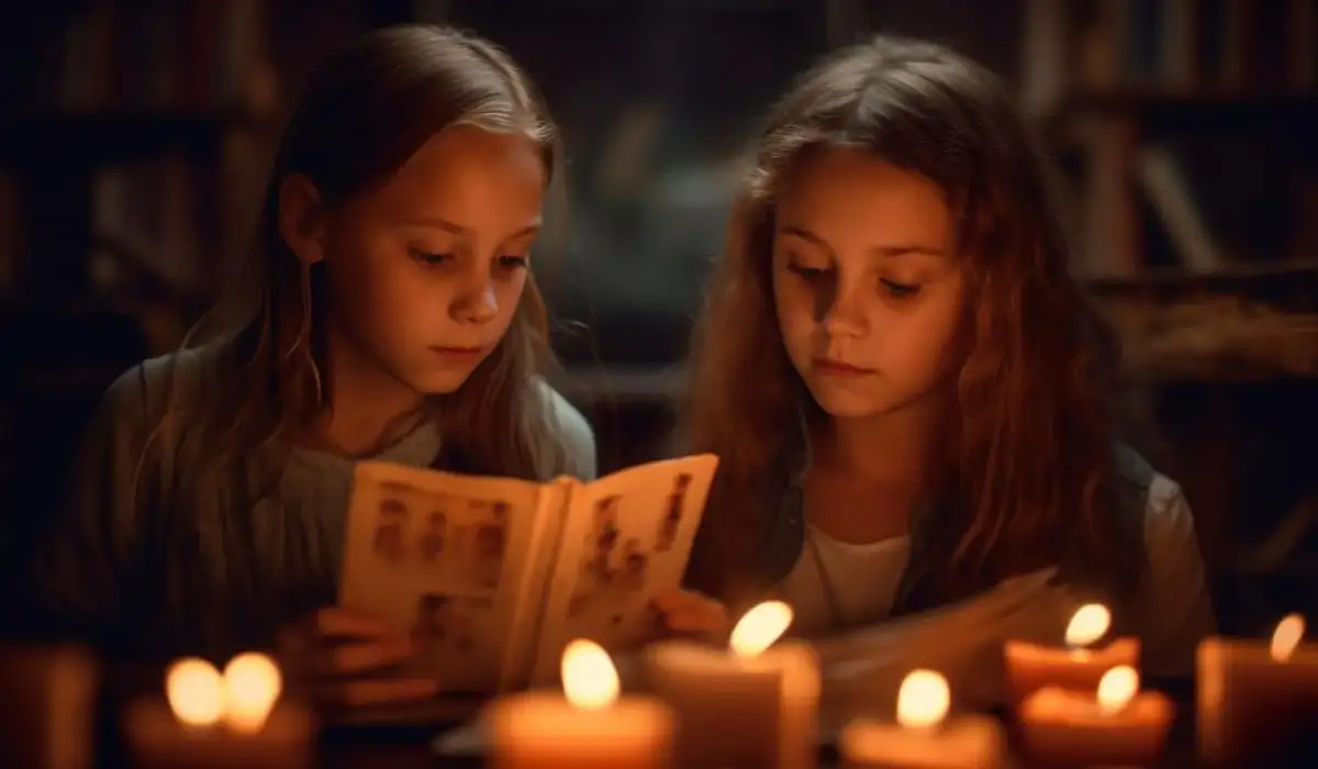 Two cute sisters reading a fairy tale by candlelight