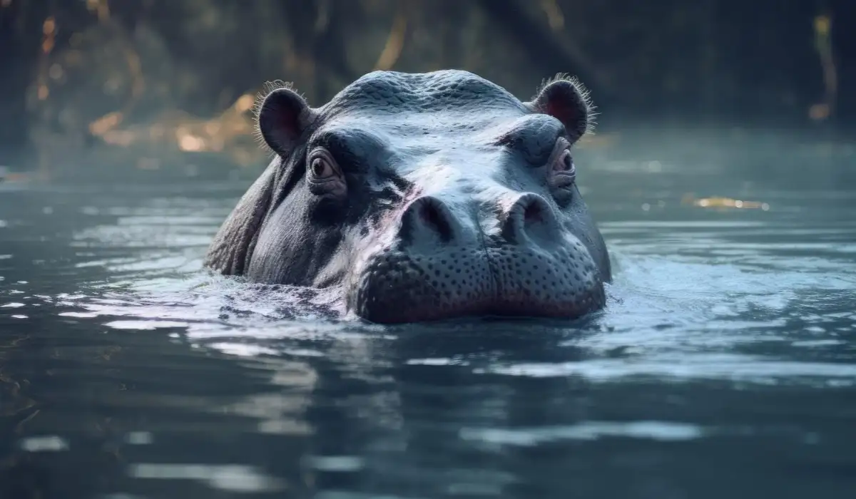 Hippopotamus swims gracefully in the river water