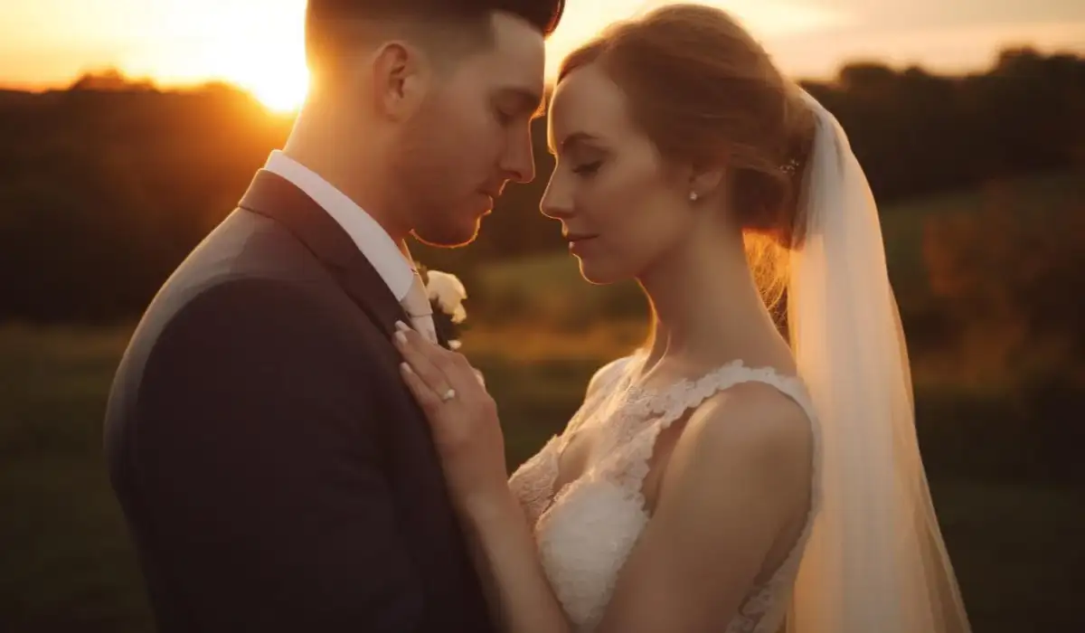 Newlywed couple embraces in the summer sunset