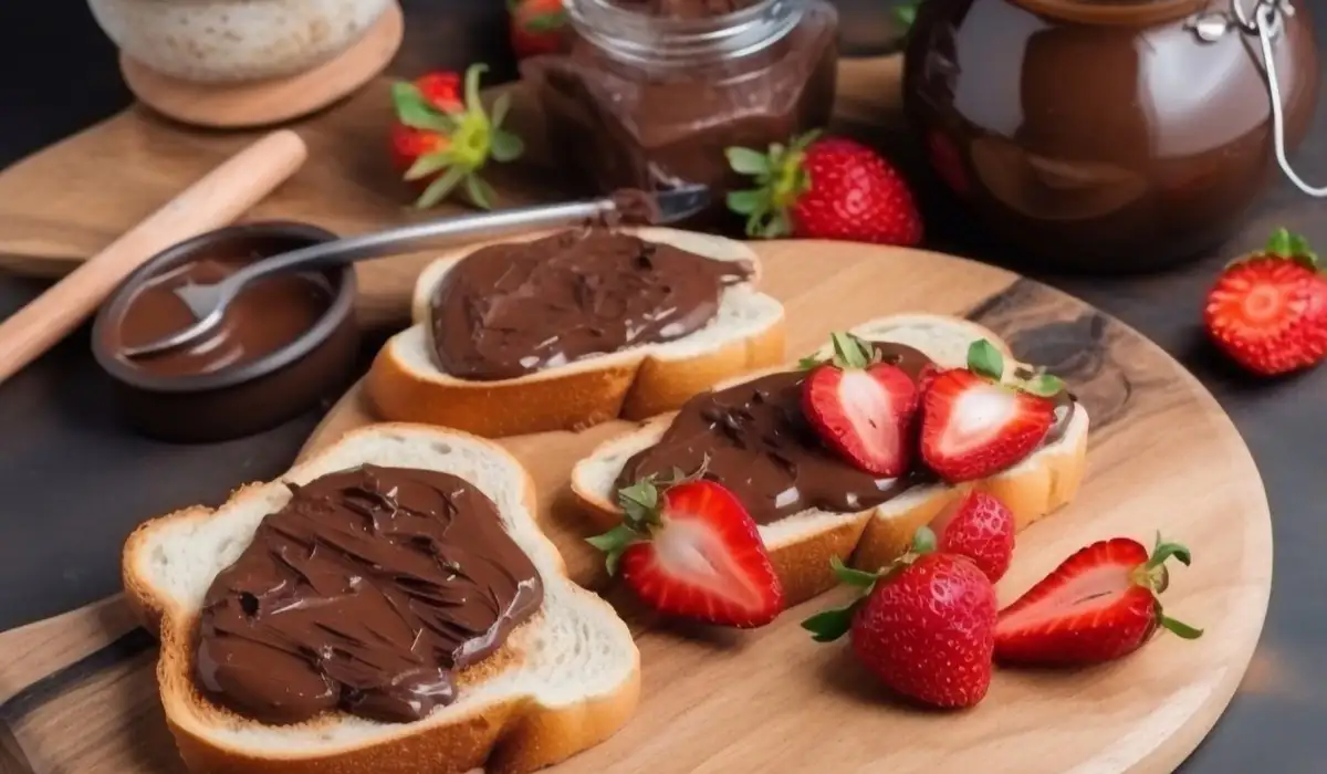 Toast with chocolate paste and strawberries for breakfast