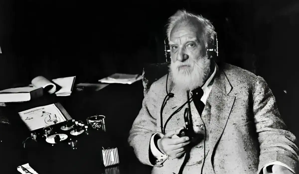 Alexander Graham Bell with a pipe and telephone