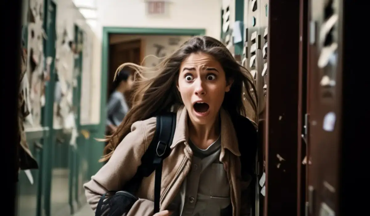 Woman with scared face escaping at school from an awkward moment