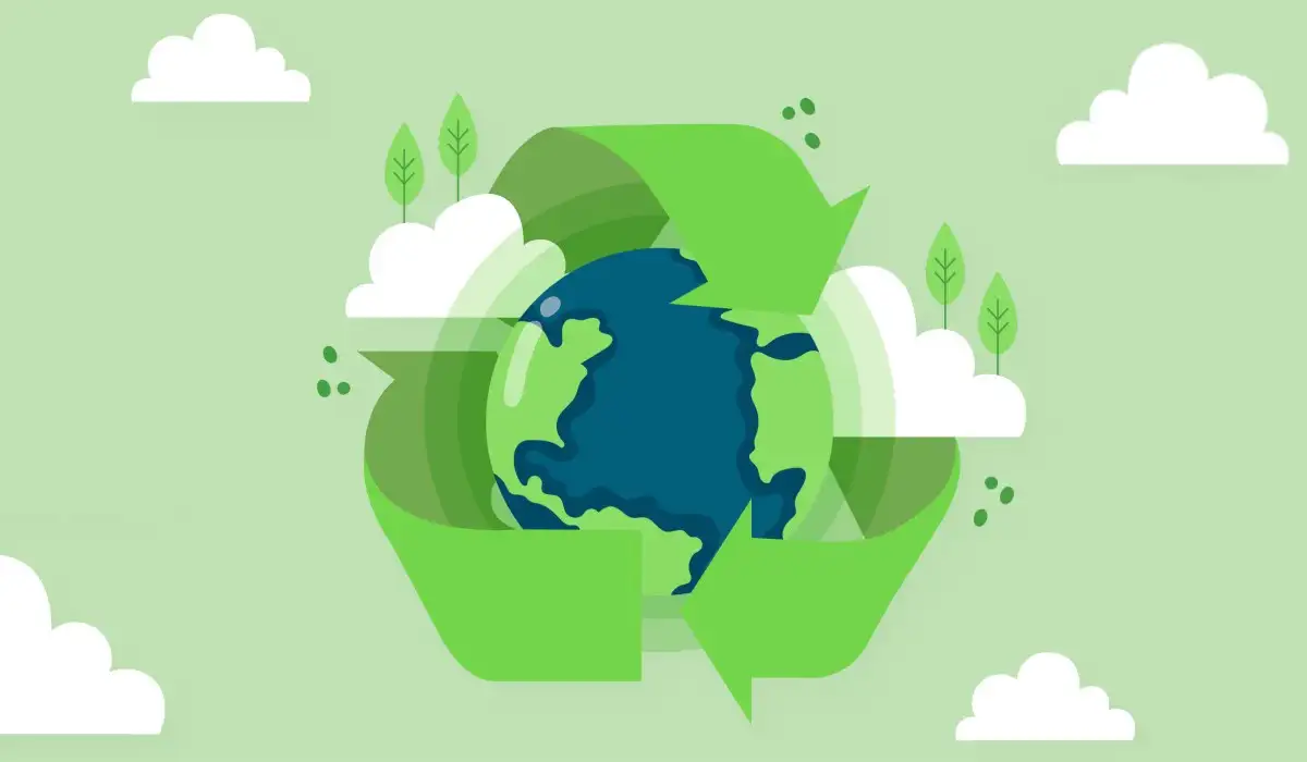 Planet with clouds and trees, three green arrows in recycling symbol surrounding