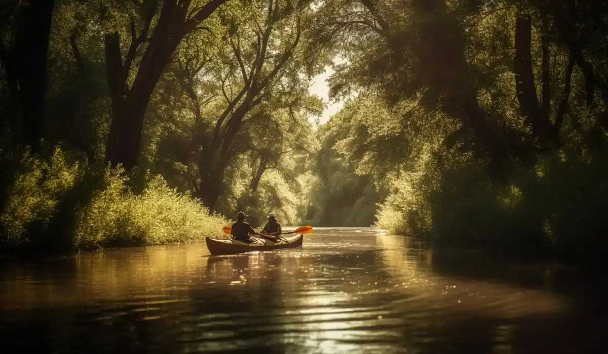 Fishermen rowing a rowboat across a calm river