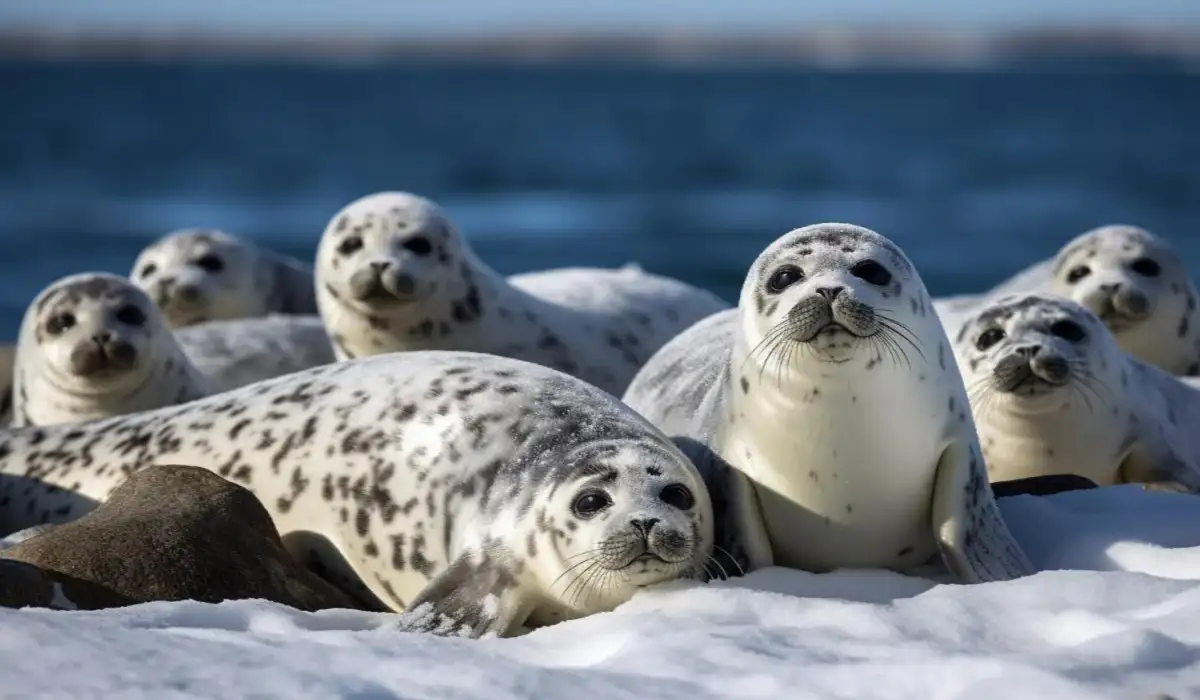 Several seals resting on the tranquility of an ice floe