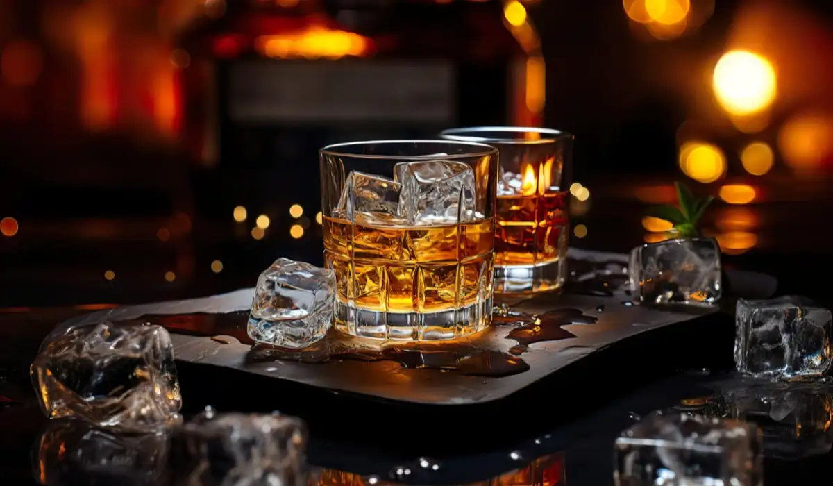 Glass of whiskey with ice on a dark background
