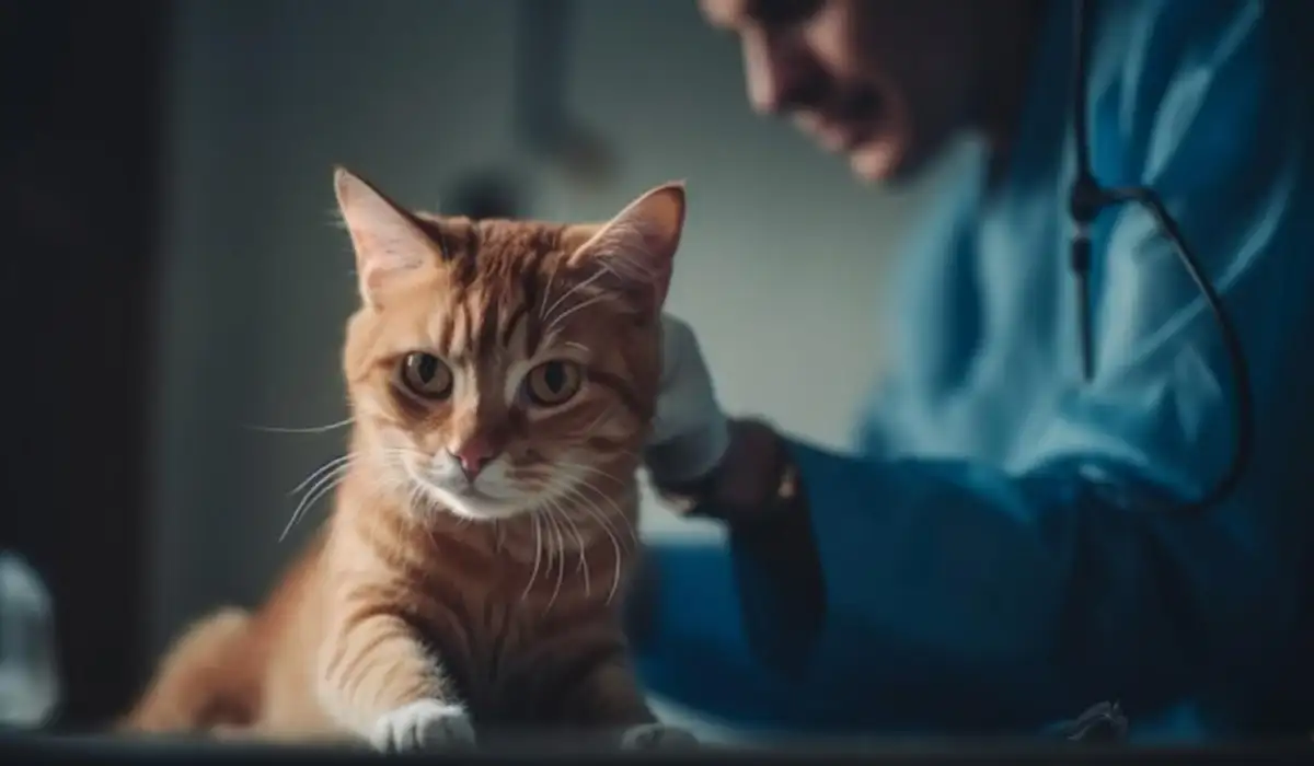 Caucasian vet examines cute feline kitten indoors