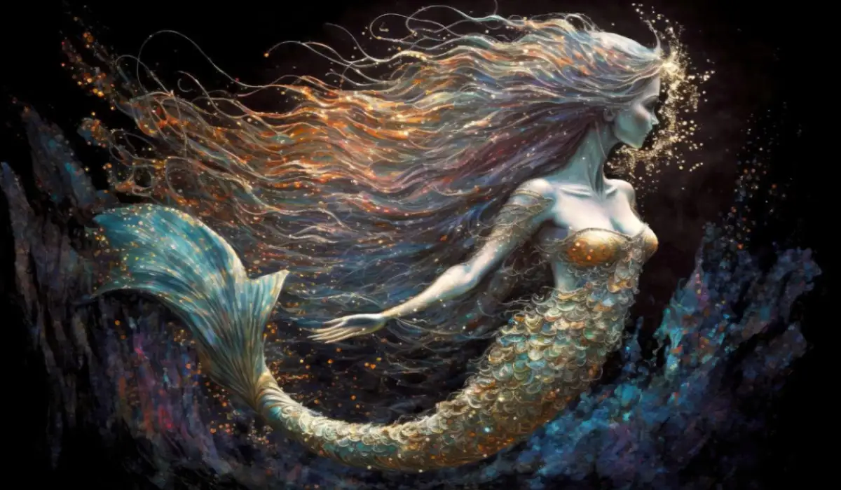 Mermaid with long flowing hair and a big shiny tail