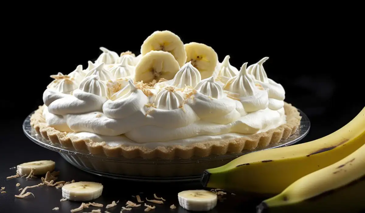 A banana cream pie on a black table