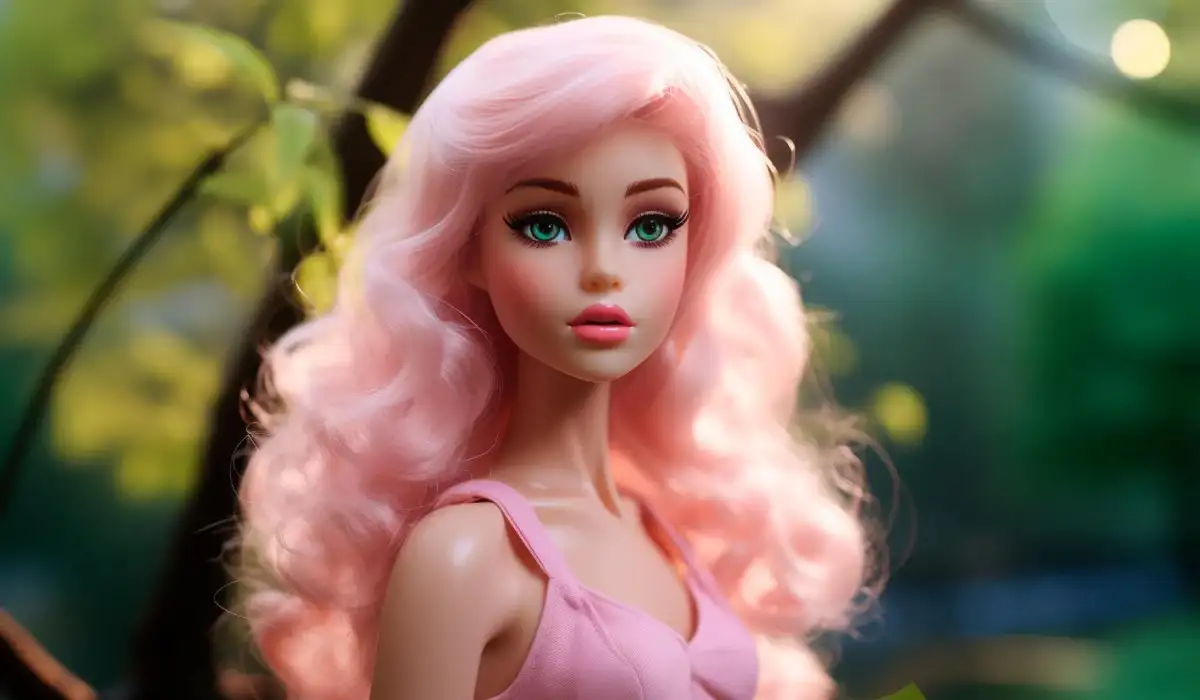 Cute doll with soft pink hair and a pink dress.