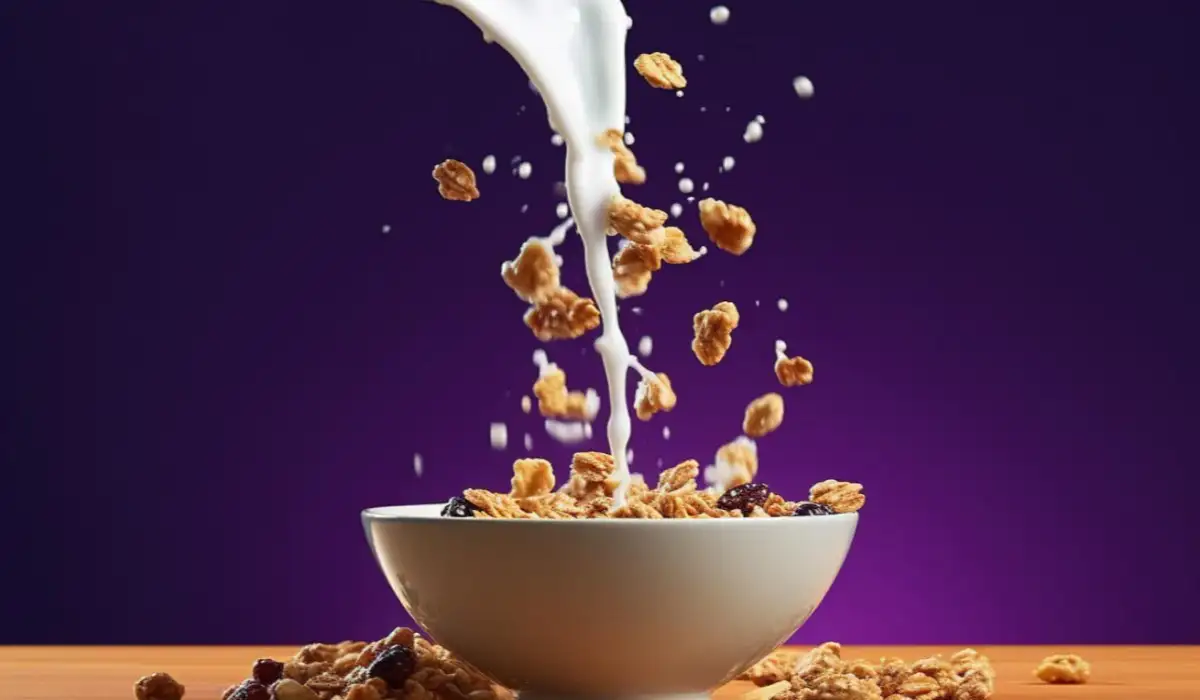 Cereal with milk is poured into a bowl.