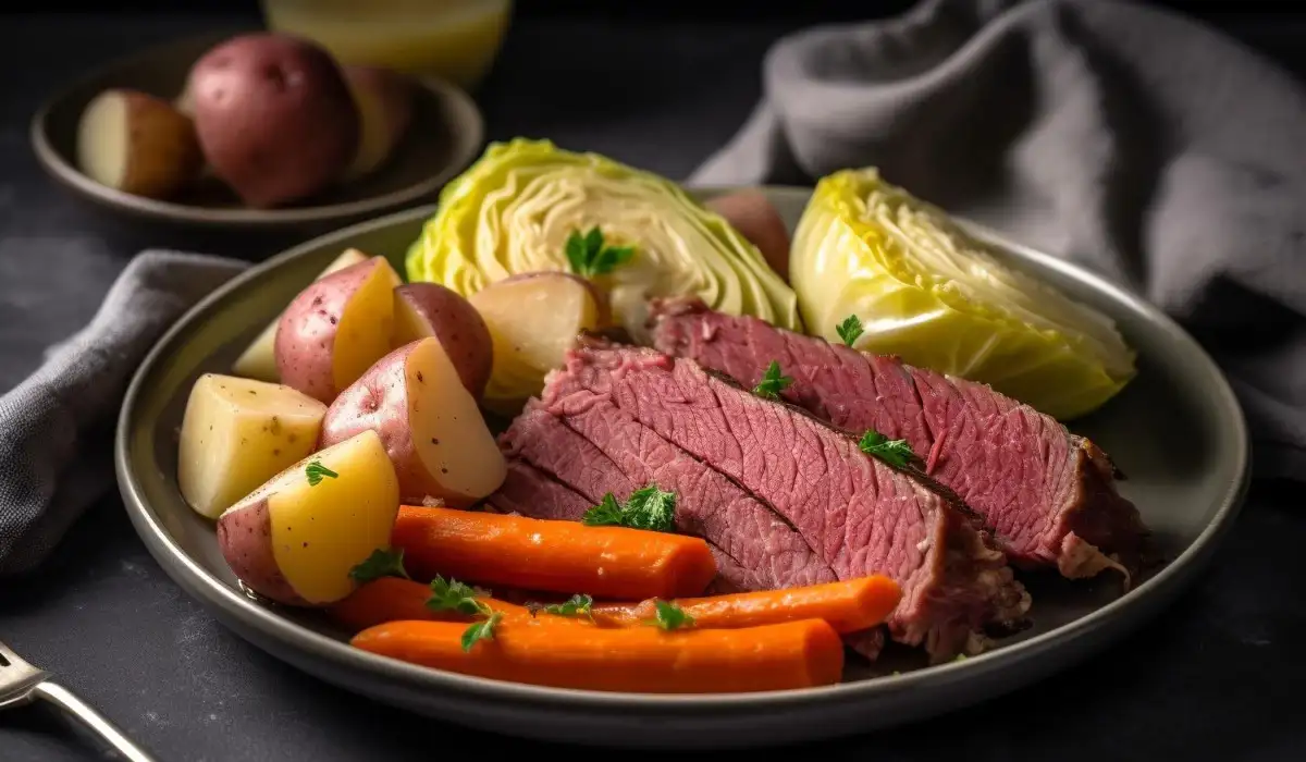 A plate of food with meat, cabbage and carrots.