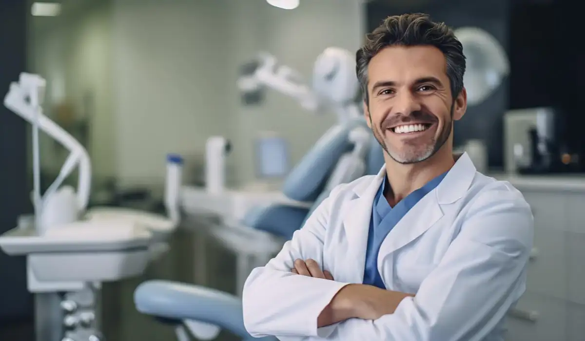 Smiling dentist standing with arms crossed in front of office