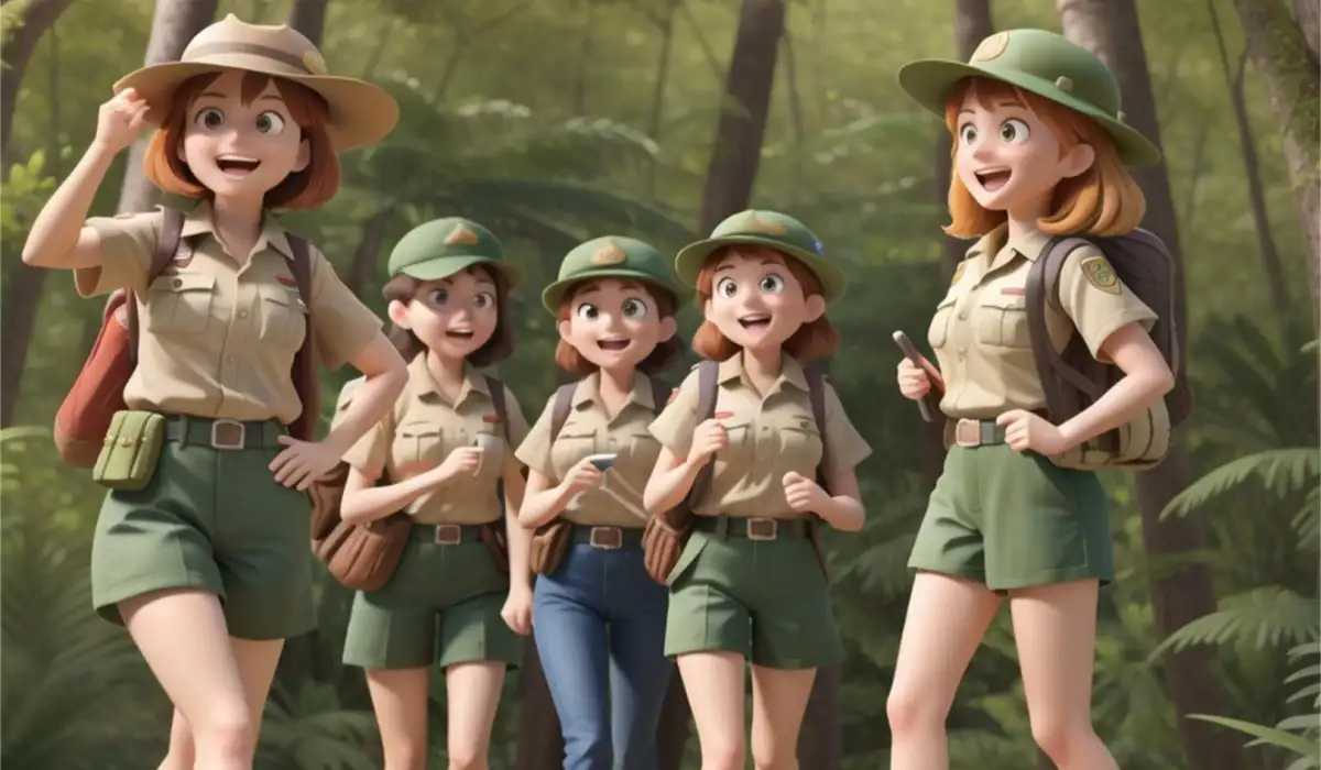 Happy girl scouts in the forest