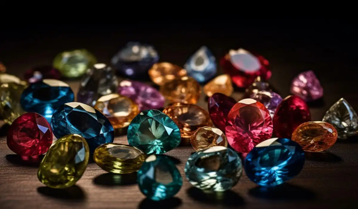 Precious gems, luxury transparent stones in abundance on a table.