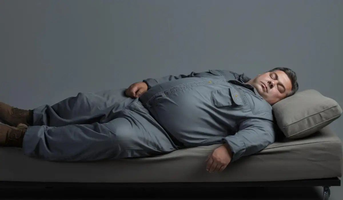 Lazy fat funny man is sleeping on a gray background
