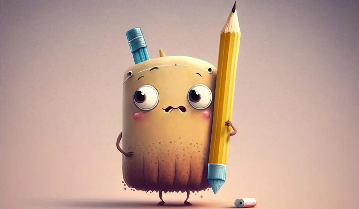 Cute cartoon character holding a pencil which is drawing a silly illustration