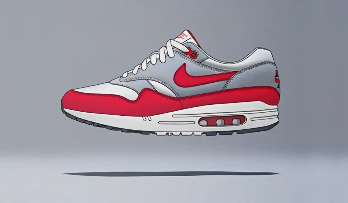 A Nike Air Max shoe in the air on a gray background