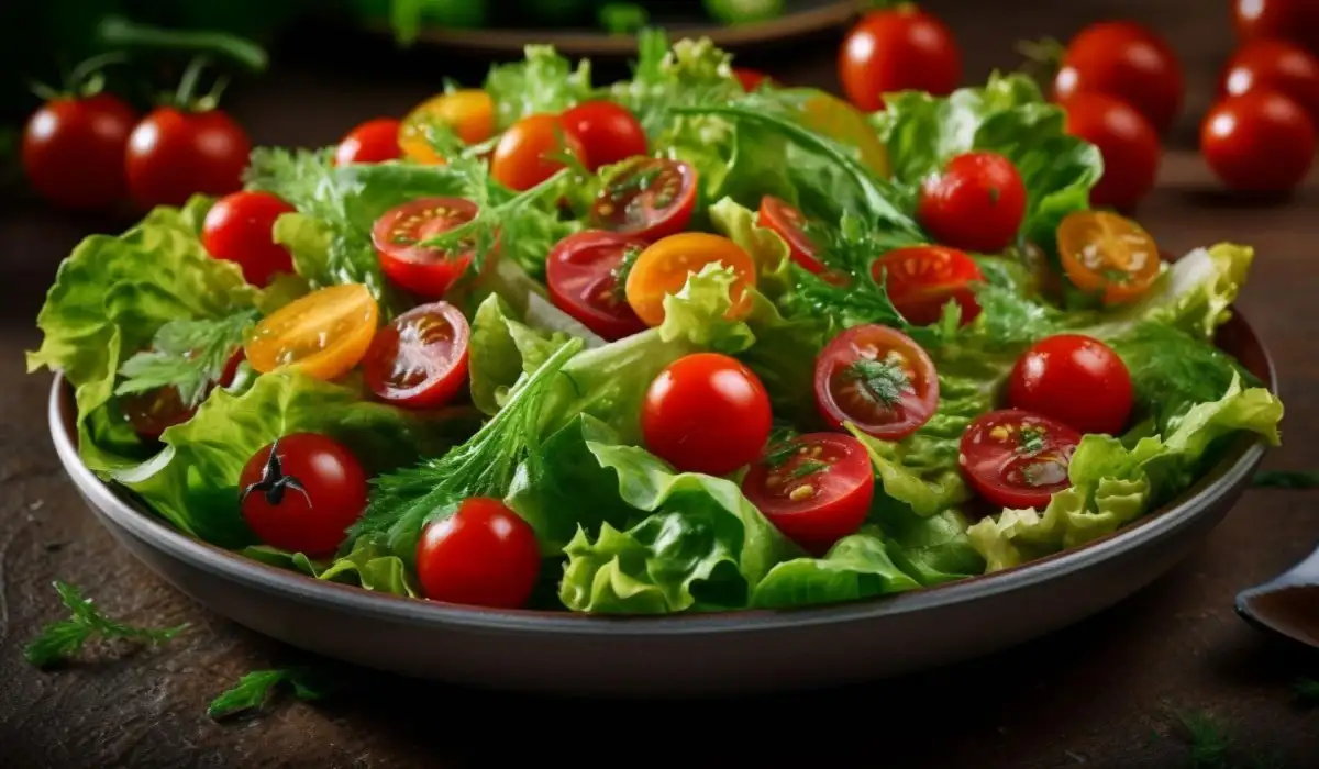 Organic salad bowl with fresh mozzarella slice