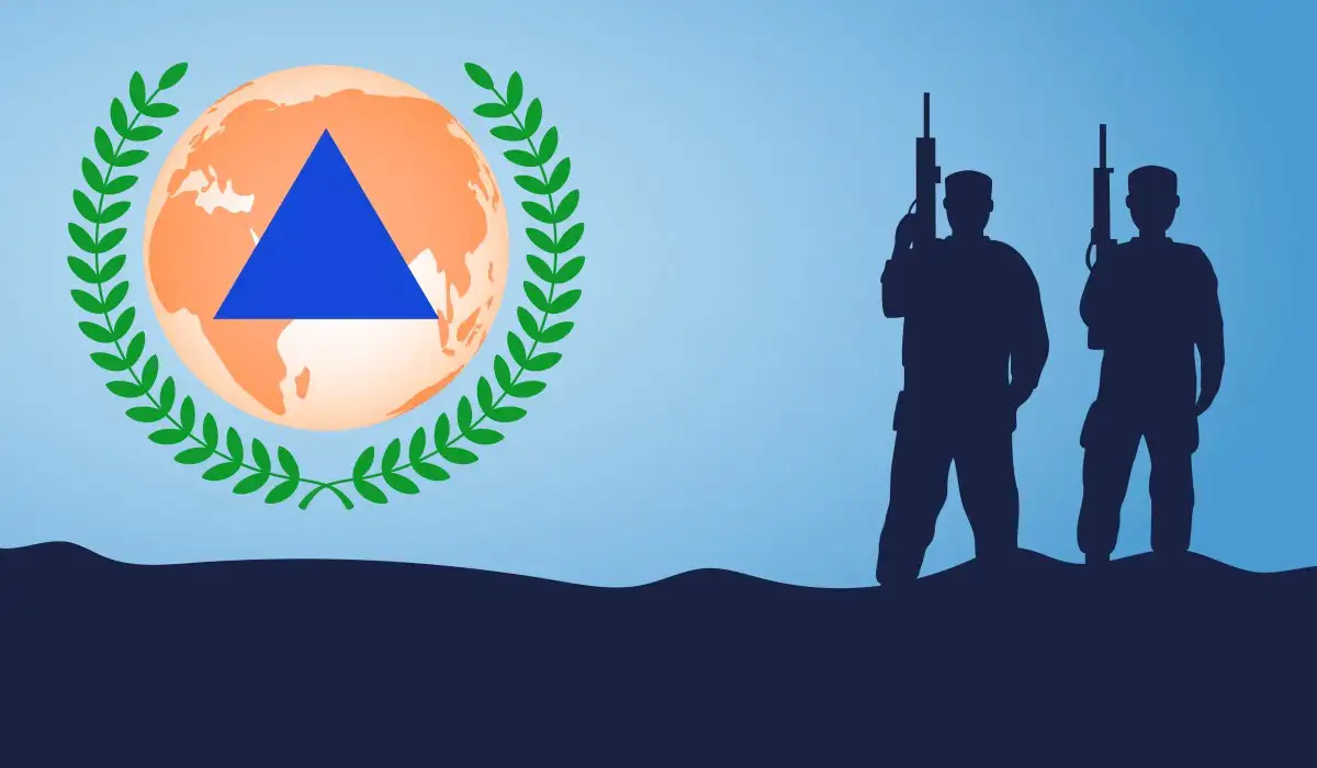 Illustration for World Civil Defense Day, with the logo on one side and silhouette of soldiers on the other side