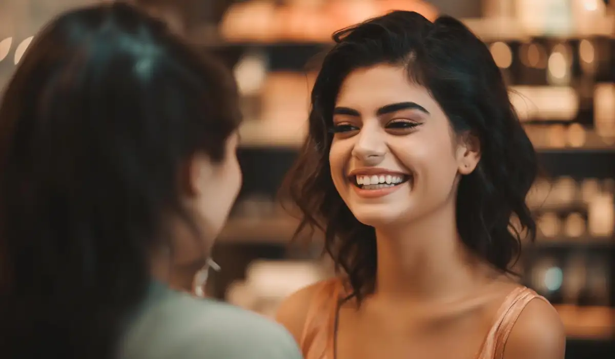 A woman smiling at a beauty store