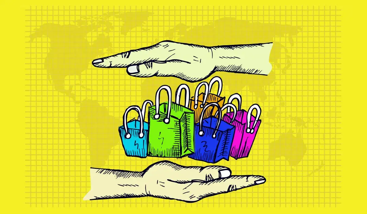 Two hands with several shopping bags representing World Consumer Rights Day with a yellow background and the world