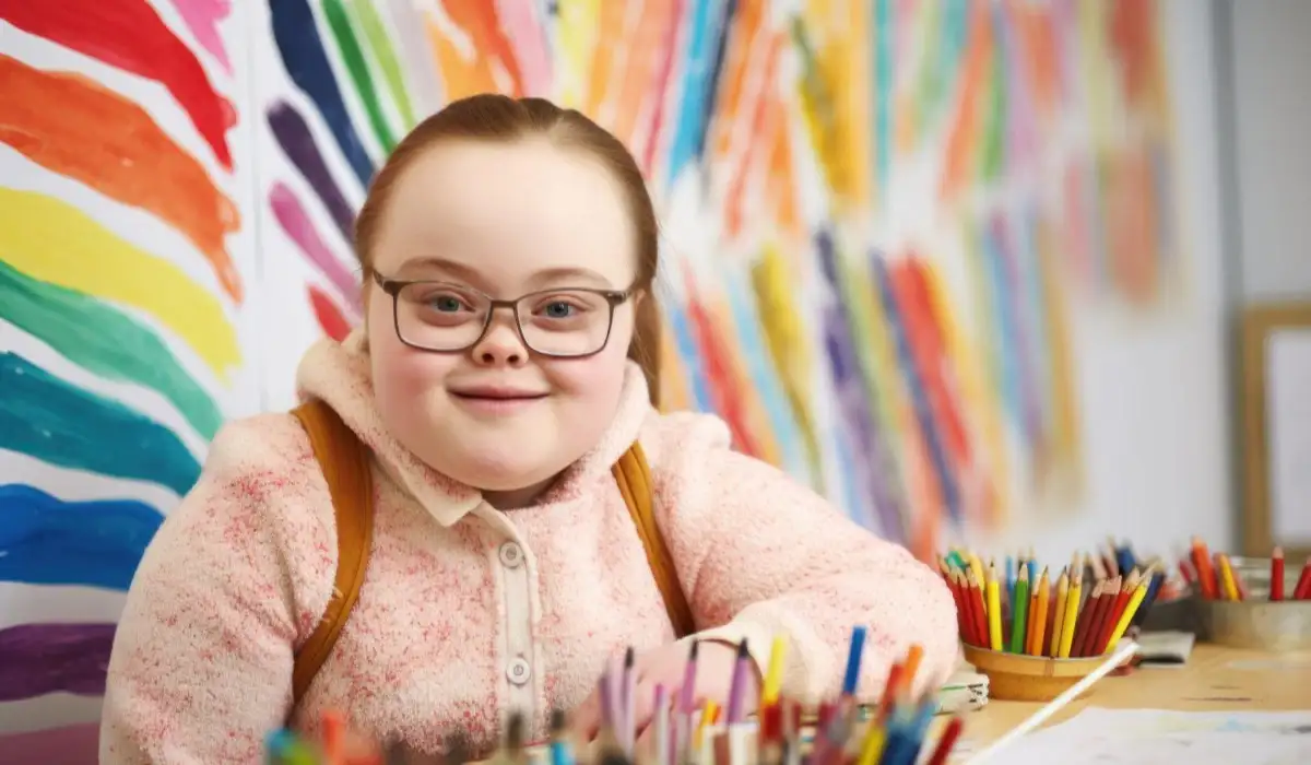 Little girl with Down syndrome in a school class on the background of a colorful wall
