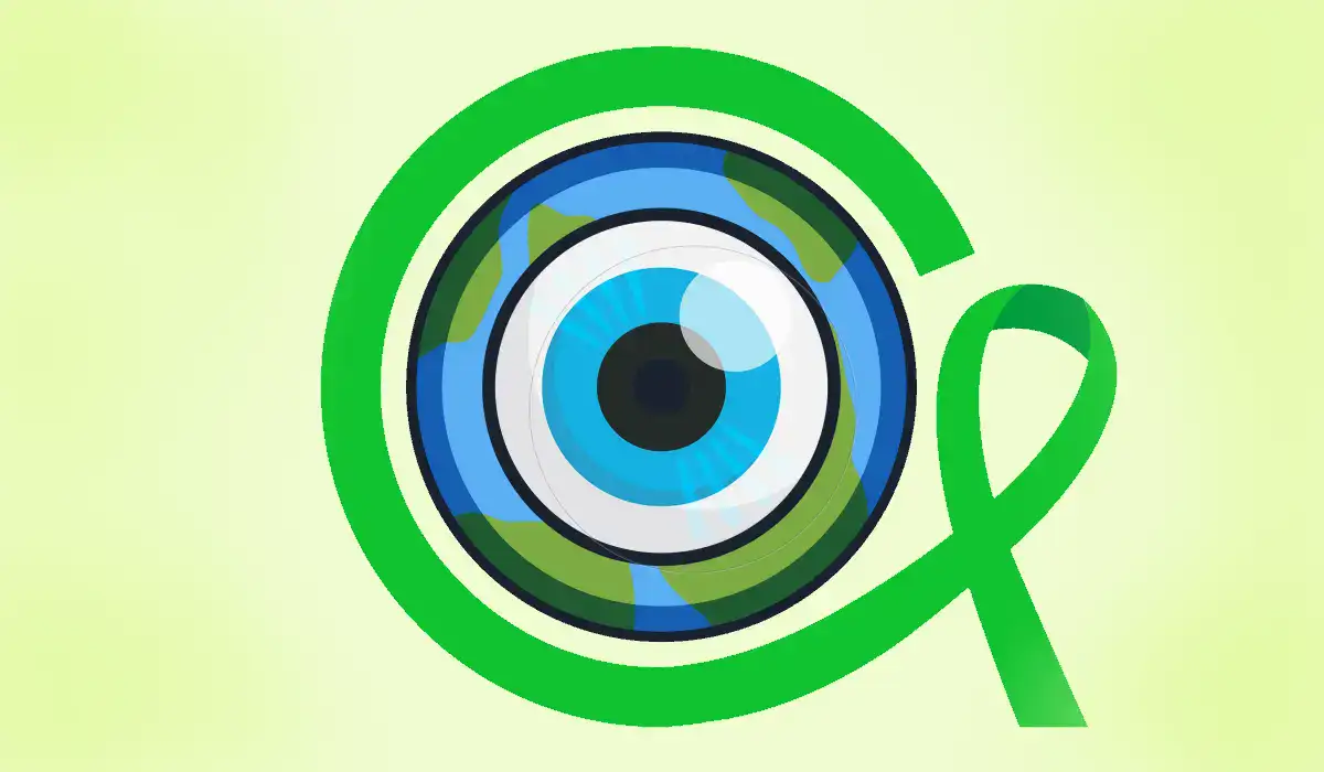Planet with one eye and is surrounded with a green ribbon in awareness about sight and blindness