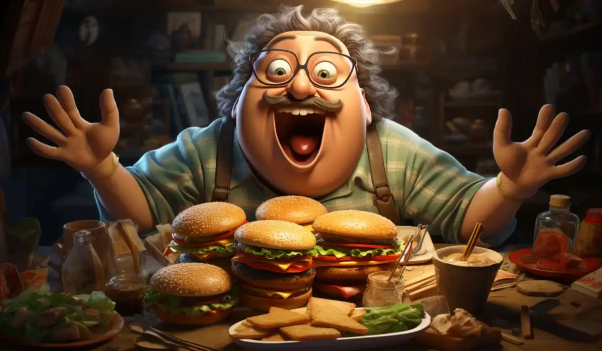 Cartoon Illustration of Various Hot and Delicious Burgers with an Excited Man