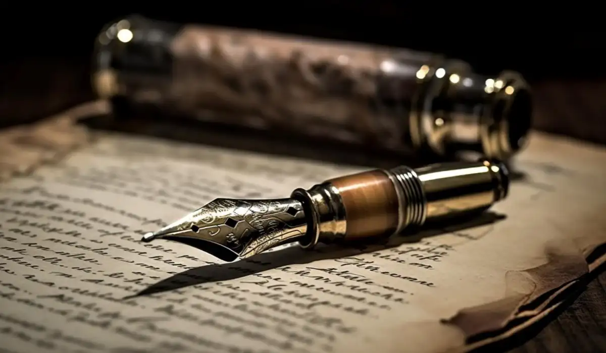 Antique pen writes a poem in ancient calligraphy