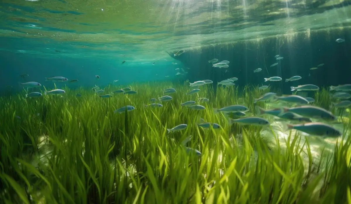 Tropical seagrass meadow with schools of fish swimming among the plants