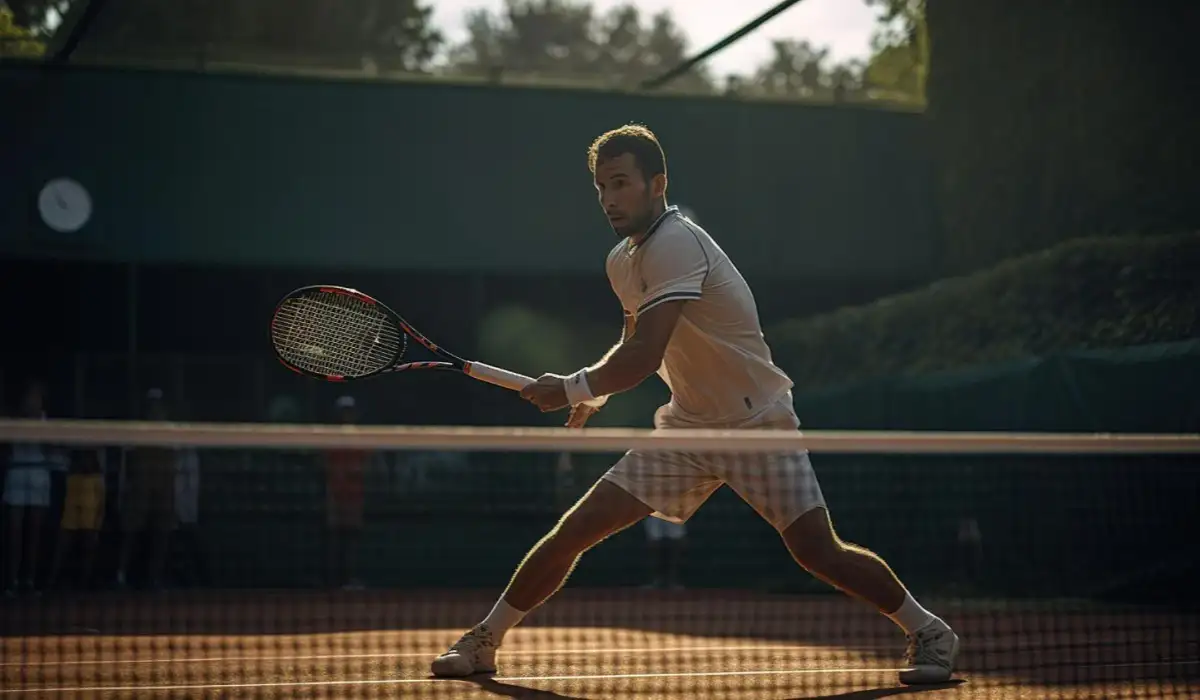 A tennis player in a white outfit is about to hit a ball