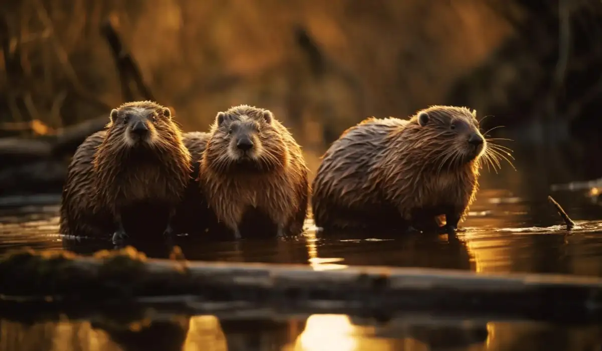 Three wet beavers play in tranquil pond
