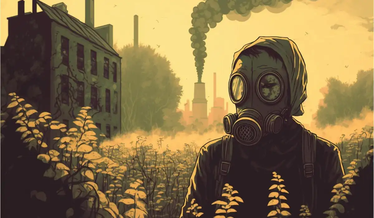 Woman in gas mask standing in overgrown factory