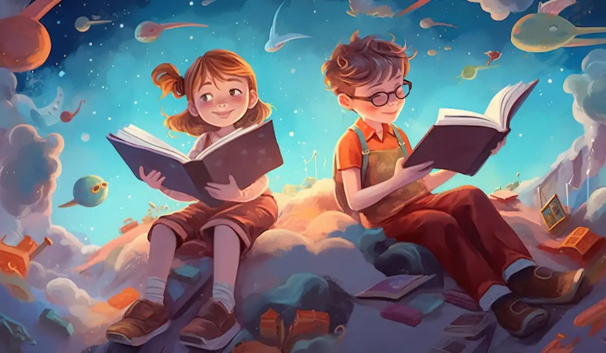 A boy and girl with an open magical book explore the world around them.
