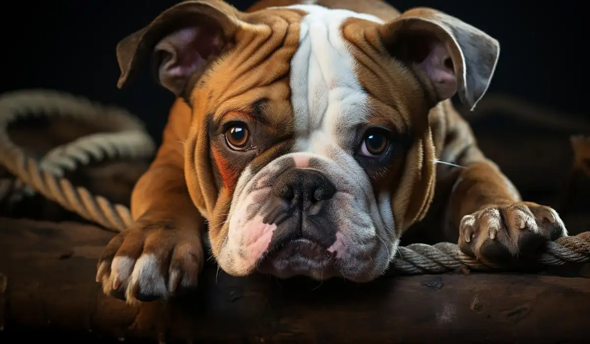 Cute bulldog puppy sitting looking sad indoors