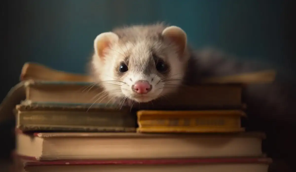 Fluffy ferret on biology textbook indoors at night