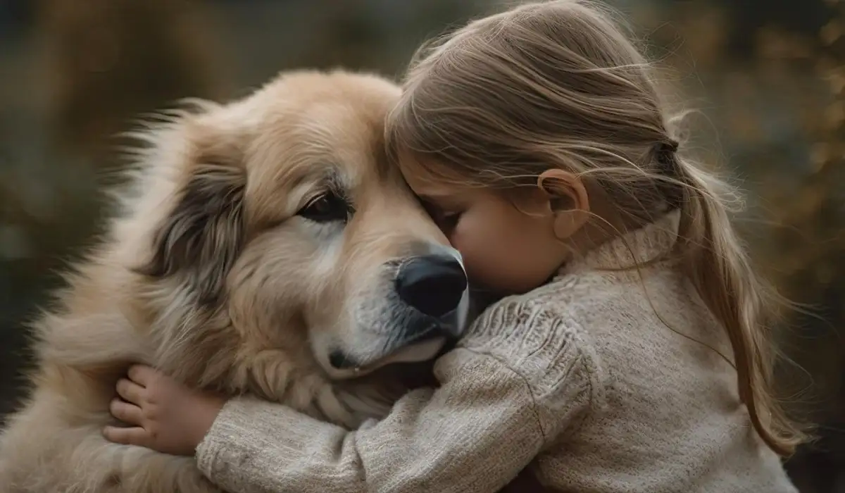A girl hugging her golden retriever dog.