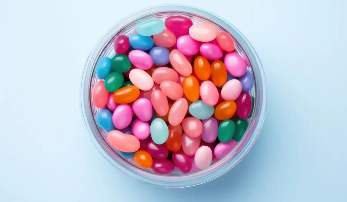 Top view of delicious jelly beans in bowl