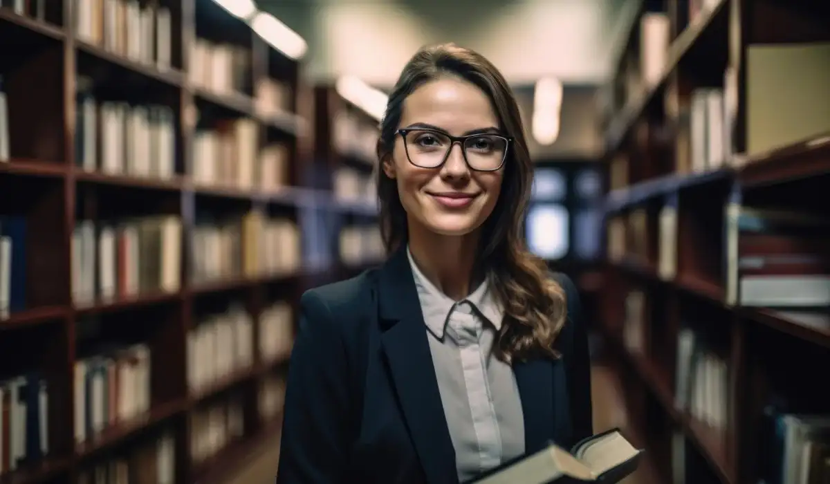 Stunning librarian smiling while holding a book with bookshelves in the background