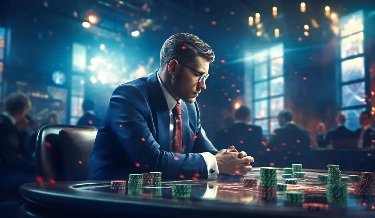 Businessman playing poker at casino table