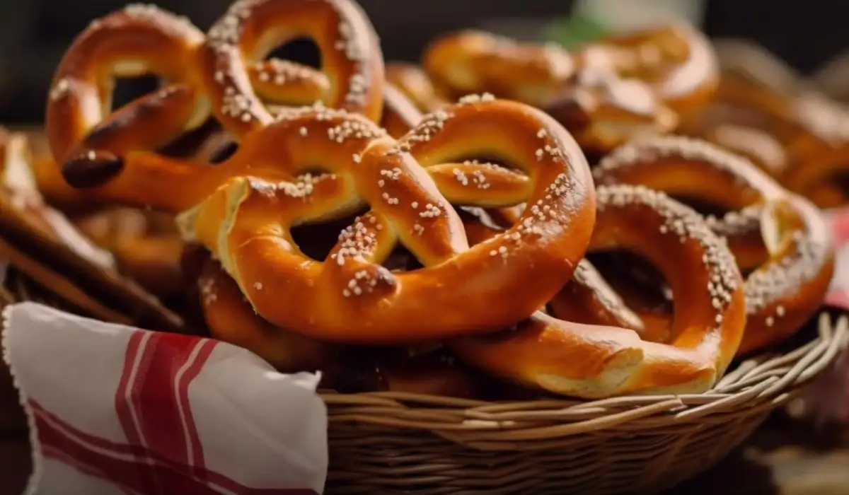 Salted pretzels in basket Bavarian tradition