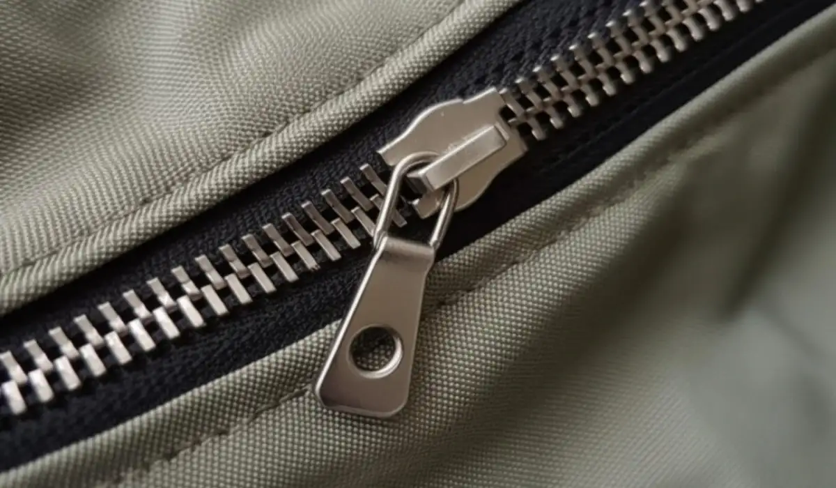 A close up of a zipper on a bag with a metal zipper
