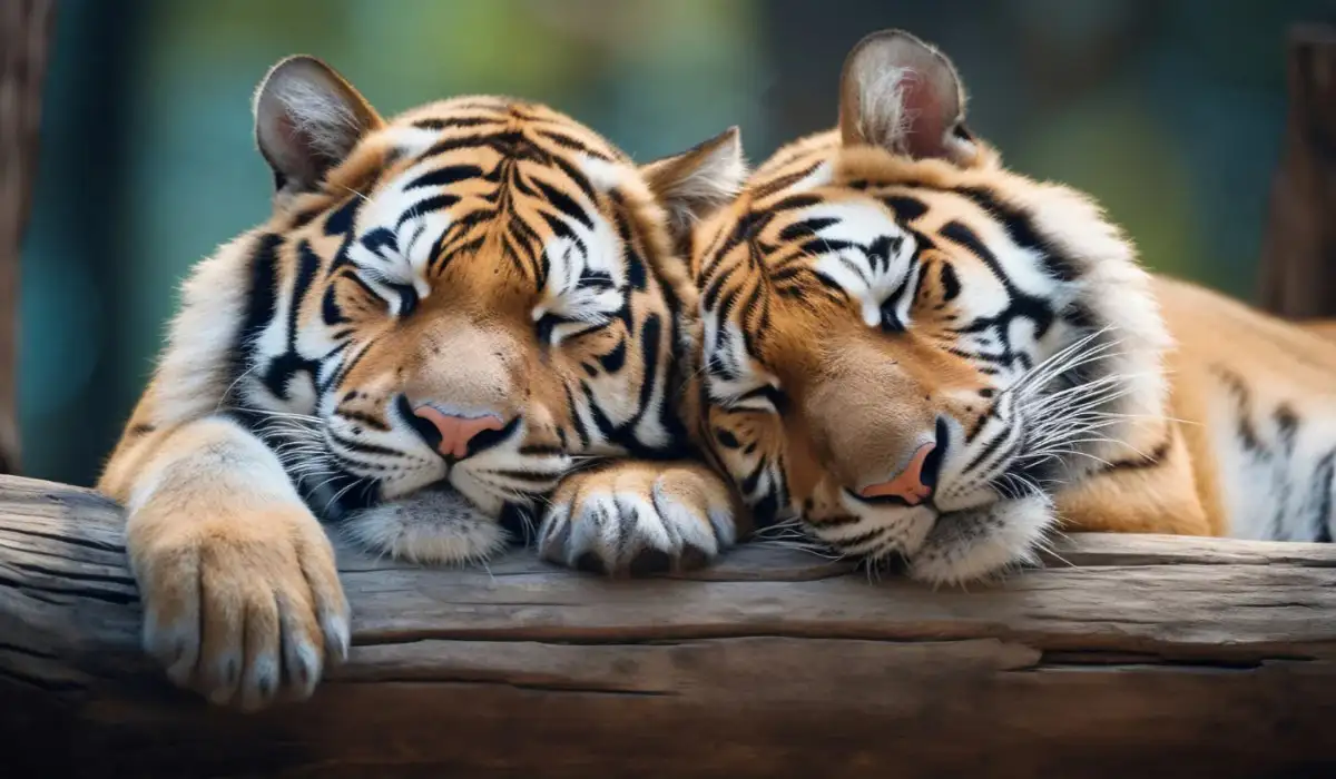 Family of ferocious tigers in the zoo, sleeping on top of a log