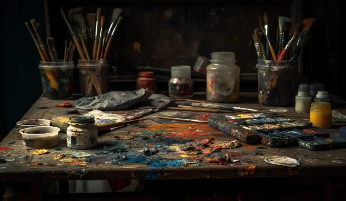 Vibrant colors highlight the messy chaos of the artist's workshop
