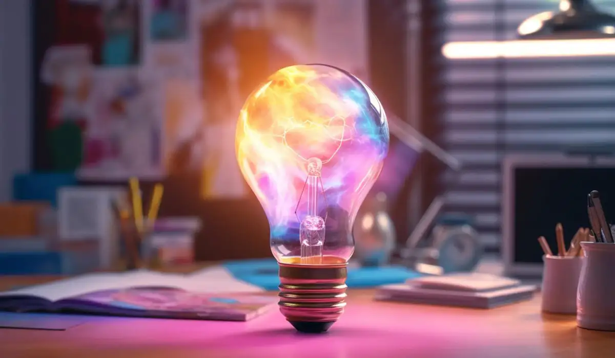 Light bulb with a cloud of various colors on a table in a studio